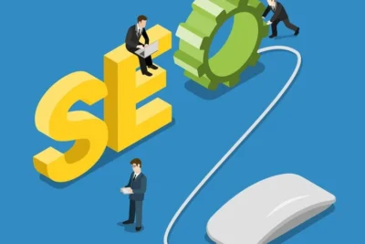 Imagem representativa de SEO Técnico com elementos gráficos, como a letra SEO, engrenagens e um mouse, simbolizando a otimização de sites.