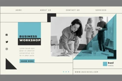 Imagem de um workshop de negócios em um layout moderno de site com foco em temas de WordPress, mostrando uma profissional trabalhando em equipe.