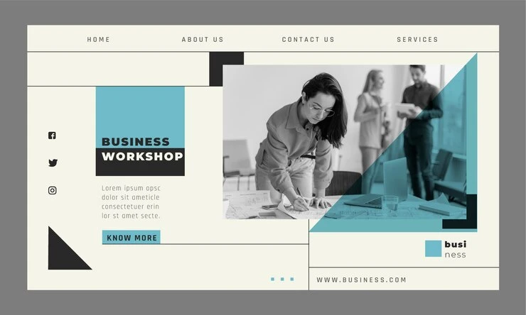 Imagem de um workshop de negócios em um layout moderno de site com foco em temas de WordPress, mostrando uma profissional trabalhando em equipe.