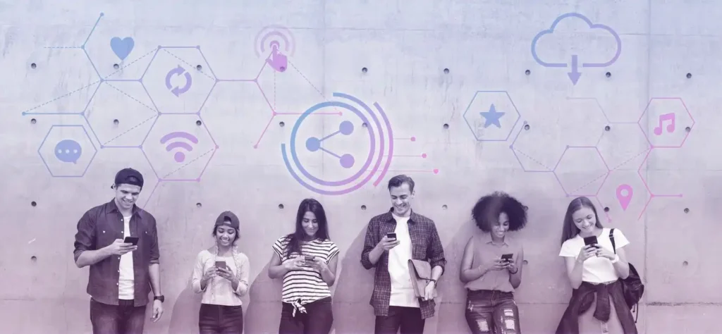 Imagem ilustrativa de marketing descentralizado, mostrando pessoas interagindo com smartphones. Representações gráficas de conexão e comunicação entre elas.