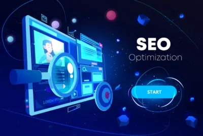 Imagem ilustrativa sobre otimização de SEO com Inteligência Artificial, destacando elementos gráficos e interativos relacionados ao tema.