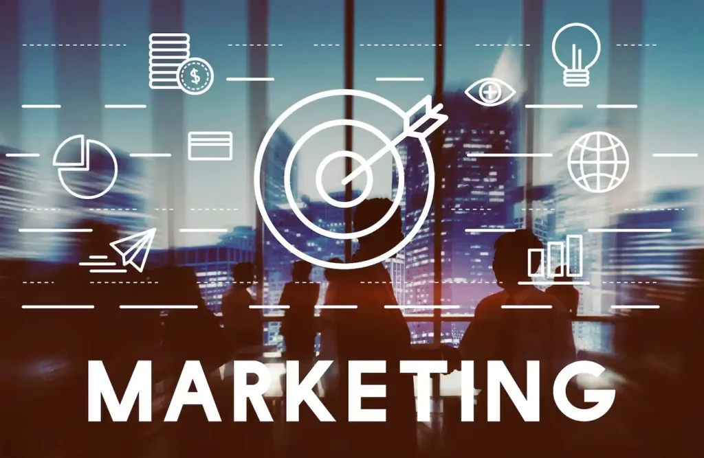 Gráfico ilustrando tendências no marketing B2B, com ícones representando metas e dados em um ambiente corporativo moderno.