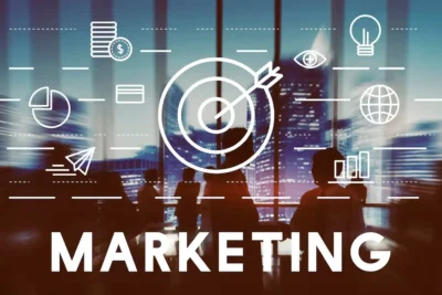 Gráfico ilustrando tendências no marketing B2B, com ícones representando metas e dados em um ambiente corporativo moderno.