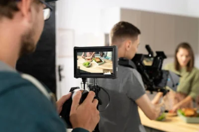 Imagem de gravação de vídeo marketing na cozinha, com câmeras e pessoas filmando preparação de alimentos.