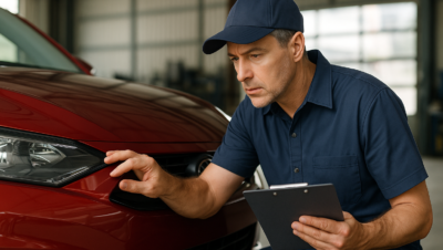 Técnico automotivo de meia-idade, vestindo camisa e boné azul-marinho, inspeciona atentamente o para-lama dianteiro de um carro vermelho em uma oficina iluminada. Ele segura uma prancheta e examina a lataria com expressão séria, cercado por um ambiente limpo e organizado com ferramentas ao fundo.