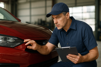 Técnico automotivo de meia-idade, vestindo camisa e boné azul-marinho, inspeciona atentamente o para-lama dianteiro de um carro vermelho em uma oficina iluminada. Ele segura uma prancheta e examina a lataria com expressão séria, cercado por um ambiente limpo e organizado com ferramentas ao fundo.