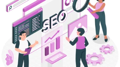 Imagem ilustrativa sobre ferramentas para monitorar a SERP e acompanhar o desempenho de sites em resultados de busca, com gráficos e pessoas trabalhando em SEO.