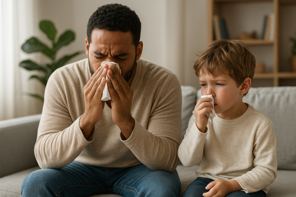 pai e filho setados em um sofa, com alergia