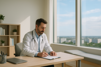 Médico em consultório moderno revisando anotações à beira de uma janela com vista para prédios administrativos de Brasília, em ambiente claro, silencioso e bem organizado.