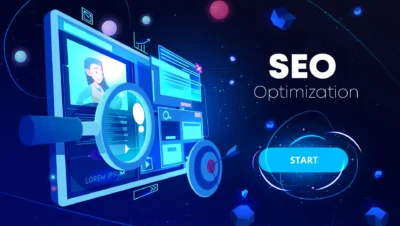 Imagem de ilustração digital representando a relação entre inteligência artificial e SEO, com elementos como computador, lupas, gráficos e texto otimizado para pesquisa de palavras-chave.