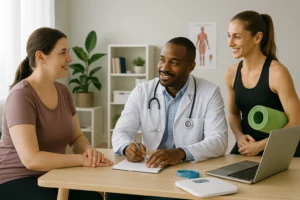 Médico e paciente em consulta sobre programa de emagrecimento, com profissional de educação física ao lado, em ambiente clínico moderno e acolhedor em Brasília.