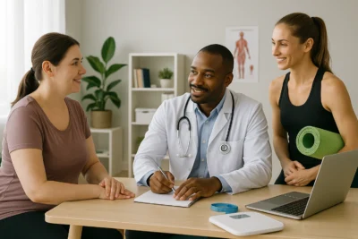 Médico e paciente em consulta sobre programa de emagrecimento, com profissional de educação física ao lado, em ambiente clínico moderno e acolhedor em Brasília.
