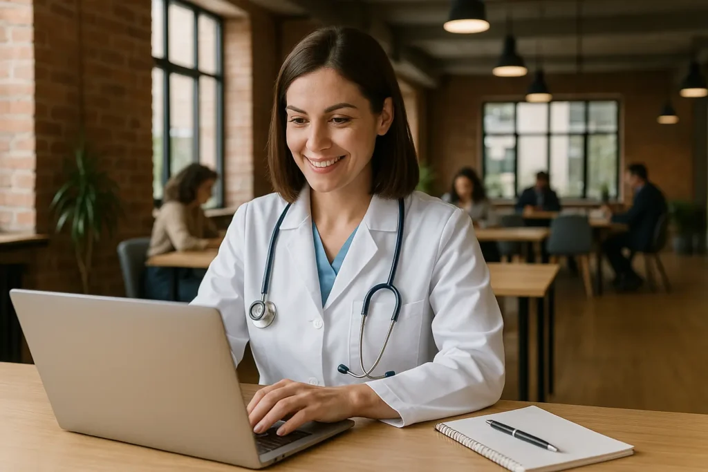 Médica com jaleco branco e estetoscópio trabalhando em um notebook dentro de um espaço de coworking moderno, com paredes de tijolos, mesas de madeira e outros profissionais ao fundo.
