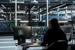 Profissional de cibersegurança industrial monitorando sistemas de OT em uma fábrica brasileira, destacando o impacto da cibersegurança nas fábricas com tecnologia avançada.