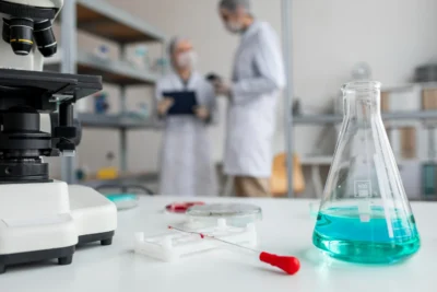Imagem de um laboratório mostrando microscópio, frascos com líquidos, equipamentos de análise e profissionais de laboratório ao fundo, relacionada a como comparar diferentes analisadores para selecionar o melhor equipamento.