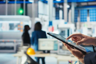 Profissional de facilities utilizando tablet em ambiente corporativo, destacando os serviços e benefícios de uma gestão eficiente de instalações.